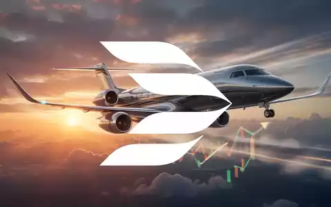 Ein eleganter Businessjet fliegt dynamisch vor einem dramatischen Sonnenuntergangshimmel, symbolisierend Wachstum und Gewinn. - Foto: über boerse-global.de