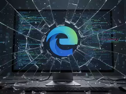 Shattered computer screen displaying the Microsoft Edge logo with fragmented data streams and error messages. - Foto: über boerse-global.de