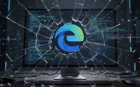 Shattered computer screen displaying the Microsoft Edge logo with fragmented data streams and error messages. - Foto: über boerse-global.de
