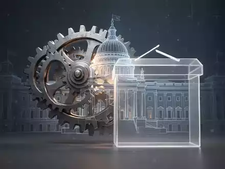 Ein stilisiertes Bild, das ein Zahnradmechanismus mit der Silhouette eines Parlamentsgebäudes oder einer Wahlurne verbindet, symbolisiert Demokratie und Wirtschaft. - Foto: über boerse-global.de