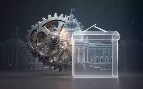 Ein stilisiertes Bild, das ein Zahnradmechanismus mit der Silhouette eines Parlamentsgebäudes oder einer Wahlurne verbindet, symbolisiert Demokratie und Wirtschaft. - Foto: über boerse-global.de