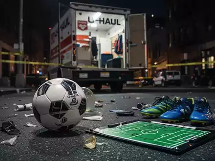 Fußball und Sportausrüstung wie Taktiktafel und Trainingsschuhe liegen neben einem geöffneten U-Haul-Lkw an einem Tatort. - Foto: über boerse-global.de