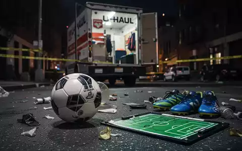 Fußball und Sportausrüstung wie Taktiktafel und Trainingsschuhe liegen neben einem geöffneten U-Haul-Lkw an einem Tatort. - Foto: über boerse-global.de