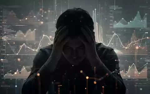 Eine Person sitzt mit dem Kopf in den Händen, vor einem unscharfen Hintergrund aus leuchtenden digitalen Linien und Datenvisualisierungen. - Foto: über boerse-global.de