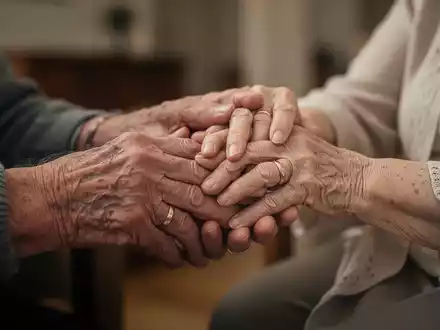 Nahaufnahme der Hände eines älteren Mannes, der sanft die Hände einer älteren Frau hält, beide mit Eheringen. - Foto: über boerse-global.de