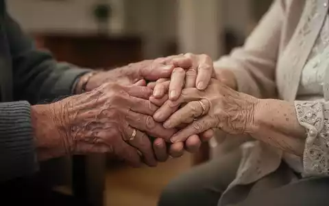 Nahaufnahme der Hände eines älteren Mannes, der sanft die Hände einer älteren Frau hält, beide mit Eheringen. - Foto: über boerse-global.de