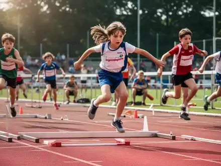 Kinder nehmen an Bundesjugendspielen teil, messen Weitsprung und Sprintzeiten, mit Stoppuhr und Maßband. - Foto: über boerse-global.de