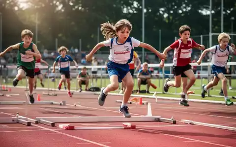 Kinder nehmen an Bundesjugendspielen teil, messen Weitsprung und Sprintzeiten, mit Stoppuhr und Maßband. - Foto: über boerse-global.de