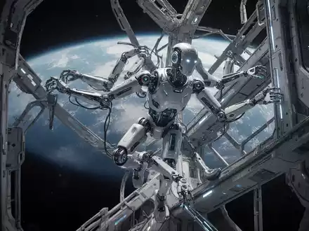 An advanced humanoid robot with multiple arms performing maintenance on a space station, with Earth visible in the background. - Foto: über boerse-global.de