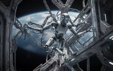 An advanced humanoid robot with multiple arms performing maintenance on a space station, with Earth visible in the background. - Foto: über boerse-global.de