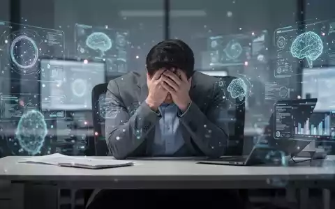 Eine Person sitzt am Schreibtisch, den Kopf in den Händen, umgeben von verschwommenen digitalen Schnittstellen, die Überforderung symbolisieren. - Foto: über boerse-global.de