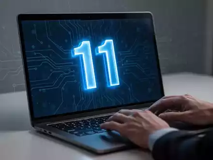 A glowing blue Windows 11 logo on a laptop screen, surrounded by subtle digital patterns, with hands lightly touching the keyboard. - Foto: über boerse-global.de