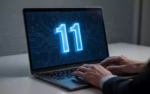 A glowing blue Windows 11 logo on a laptop screen, surrounded by subtle digital patterns, with hands lightly touching the keyboard. - Foto: über boerse-global.de