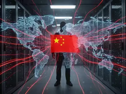 A shadowy figure in a server room with glowing red data streams and a digital world map overlaid with a Chinese flag icon. - Foto: über boerse-global.de