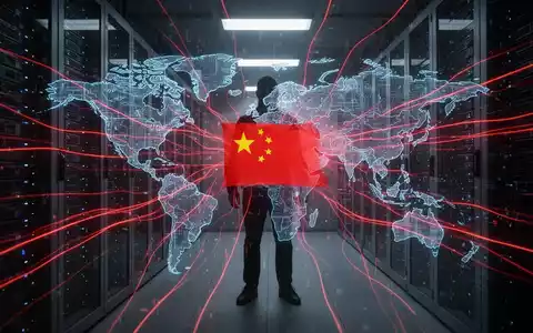 A shadowy figure in a server room with glowing red data streams and a digital world map overlaid with a Chinese flag icon. - Foto: über boerse-global.de