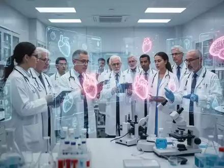 Ärzte und Wissenschaftler in einem Labor, die medizinische Daten auf Bildschirmen analysieren, mit Herz- und Gehirnsymbolen. - Foto: über boerse-global.de