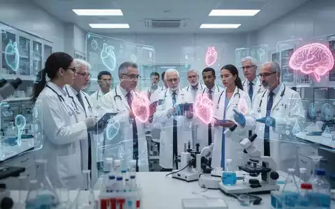 Ärzte und Wissenschaftler in einem Labor, die medizinische Daten auf Bildschirmen analysieren, mit Herz- und Gehirnsymbolen. - Foto: über boerse-global.de