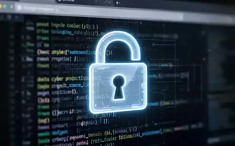 Ein stilisiertes, leuchtendes Vorhängeschloss über verschwommenem Computercode, der Cybersicherheit und digitale Schwachstellen symbolisiert. - Foto: über boerse-global.de
