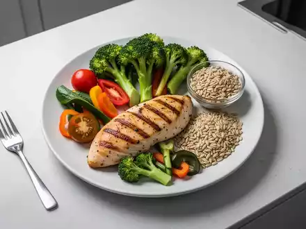 Ein ausgewogenes Essen mit magerem Protein, frischem Gemüse und Vollkornprodukten auf einem modernen Tisch, das gesunde Ernährung symbolisiert. - Foto: über boerse-global.de