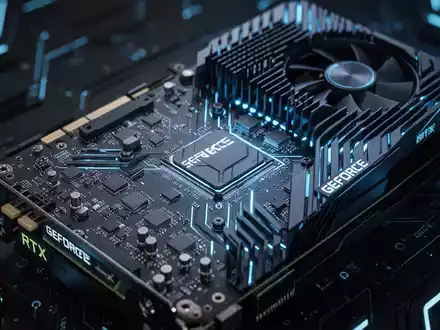 Close-up of a modern GeForce RTX 30 series GPU, glowing blue, emphasizing its intricate design and cooling system. - Foto: über boerse-global.de