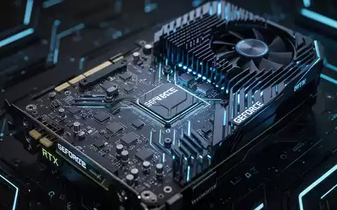 Close-up of a modern GeForce RTX 30 series GPU, glowing blue, emphasizing its intricate design and cooling system. - Foto: über boerse-global.de