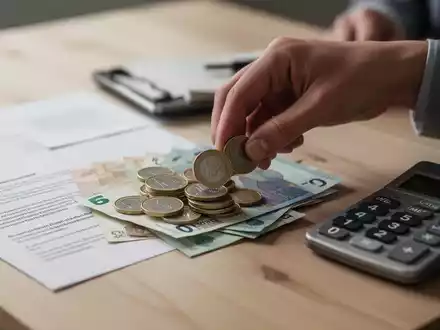 Eine Hand sortiert Euro-Münzen und Banknoten auf einem Holztisch neben einem Taschenrechner und einem Dokument. - Foto: über boerse-global.de