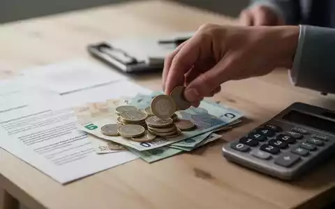 Eine Hand sortiert Euro-Münzen und Banknoten auf einem Holztisch neben einem Taschenrechner und einem Dokument. - Foto: über boerse-global.de