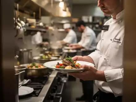 Ein Koch hält einen Teller mit Essen in einer professionellen Restaurantküche, im Hintergrund unscharf weitere Mitarbeiter. - Foto: über boerse-global.de