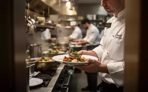 Ein Koch hält einen Teller mit Essen in einer professionellen Restaurantküche, im Hintergrund unscharf weitere Mitarbeiter. - Foto: über boerse-global.de
