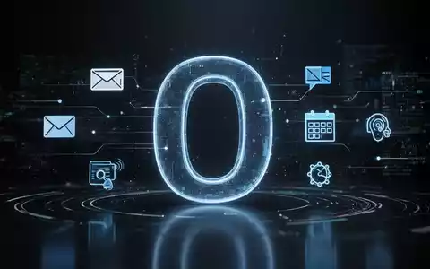 A stylized, glowing digital 'O' representing Outlook, surrounded by subtle digital data streams and icons for email, calendar, and AI. - Foto: über boerse-global.de