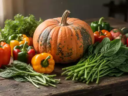 Eine Nahaufnahme von frischem Gemüse auf einem Holztisch, darunter ein Kürbis, bunte Paprika und Wasserspinat. - Foto: über boerse-global.de