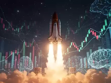 A rocket launching into space, with subtle overlays of stock market data and glowing AI neural network patterns. - Foto: über boerse-global.de