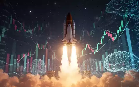 A rocket launching into space, with subtle overlays of stock market data and glowing AI neural network patterns. - Foto: über boerse-global.de