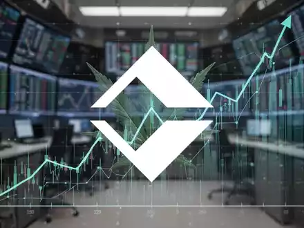 Abstrakte Darstellung eines Finanzdiagramms mit aufsteigendem Trend, überlagert von einem stilisierten Cannabisblatt, mit unscharfem Börsenhintergrund. - Foto: über boerse-global.de