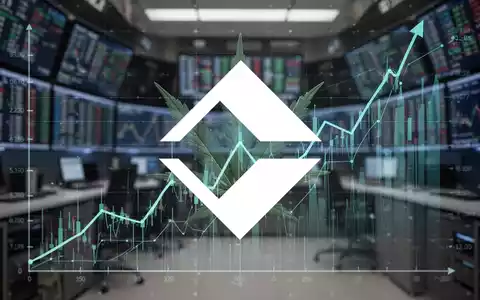 Abstrakte Darstellung eines Finanzdiagramms mit aufsteigendem Trend, überlagert von einem stilisierten Cannabisblatt, mit unscharfem Börsenhintergrund. - Foto: über boerse-global.de