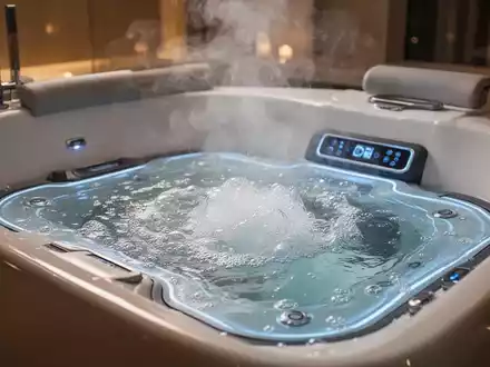 Nahaufnahme einer modernen Badewanne mit sprudelnder Whirlpoolmatte, die eine entspannende Hydromassage erzeugt. - Foto: über boerse-global.de