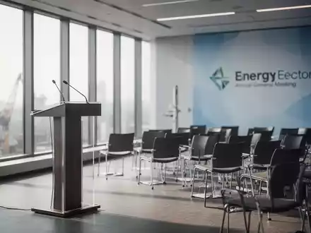 Ein moderner Konferenzraum mit Podium und Stühlen, bereit für eine Hauptversammlung im Energiesektor. - Foto: über boerse-global.de