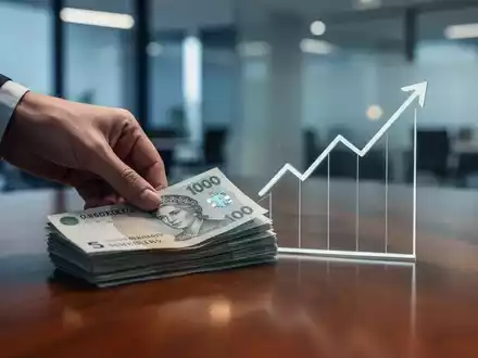 Eine Hand legt schwedische Kronen-Banknoten auf einen Tisch neben einem aufsteigenden Diagramm in einem modernen Büro. - Foto: über boerse-global.de