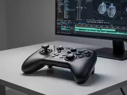 A sleek, black XPPen Pilot Pro joystick controller with multiple buttons and dials, positioned on a desk next to a monitor displaying design software. - Foto: über boerse-global.de