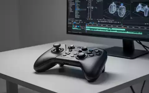 A sleek, black XPPen Pilot Pro joystick controller with multiple buttons and dials, positioned on a desk next to a monitor displaying design software. - Foto: über boerse-global.de