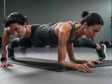 Eine Person in Sportkleidung hält eine perfekte Plank-Position auf einem minimalistischen Fitnessboden, konzentrierter Ausdruck. - Foto: über boerse-global.de