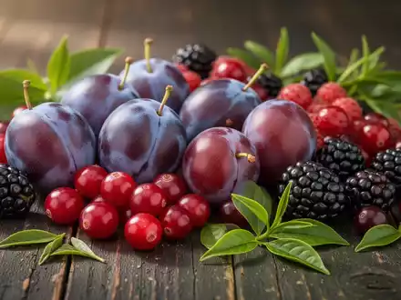 Nahaufnahme von frischen Pflaumen, Cranberries, Brombeeren und grünen Teeblättern auf einer dunklen Holzoberfläche. - Foto: über boerse-global.de