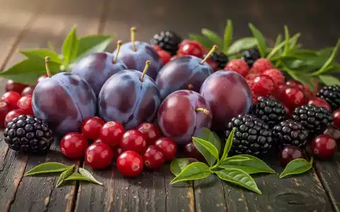 Nahaufnahme von frischen Pflaumen, Cranberries, Brombeeren und grünen Teeblättern auf einer dunklen Holzoberfläche. - Foto: über boerse-global.de