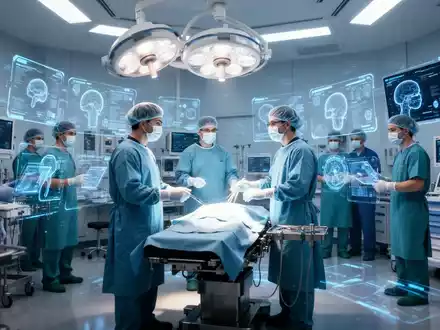 Ein futuristischer Operationssaal, in dem medizinisches Personal mit holografischen Anzeigen und KI-Geräten interagiert, um die Effizienz zu steigern. - Foto: über boerse-global.de