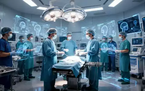 Ein futuristischer Operationssaal, in dem medizinisches Personal mit holografischen Anzeigen und KI-Geräten interagiert, um die Effizienz zu steigern. - Foto: über boerse-global.de