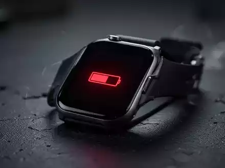 Eine Nahaufnahme einer modernen Smartwatch mit einem Symbol für niedrigen Batteriestand auf dem Bildschirm, der eine schnelle Entladung anzeigt. - Foto: über boerse-global.de