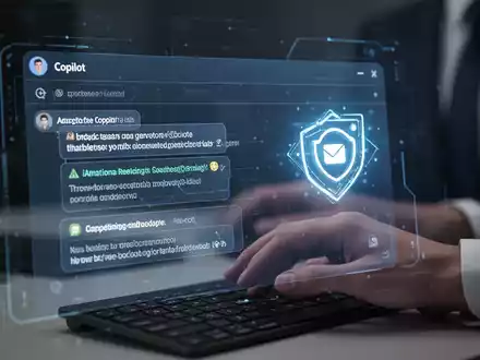 A stylized digital display showing an email interface with AI-generated text prompts and a glowing Microsoft Copilot icon. - Foto: über boerse-global.de