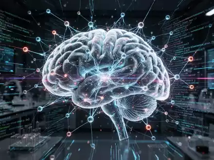 Eine futuristische Darstellung eines neuronalen Netzwerks mit leuchtenden Verbindungen und digitalen Datenströmen, die KI in der Alzheimer-Forschung symbolisieren. - Foto: über boerse-global.de