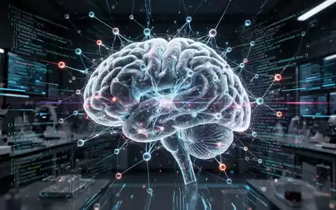 Eine futuristische Darstellung eines neuronalen Netzwerks mit leuchtenden Verbindungen und digitalen Datenströmen, die KI in der Alzheimer-Forschung symbolisieren. - Foto: über boerse-global.de