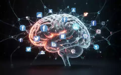 Ein stilisiertes, leuchtendes Gehirn mit digitalen Social-Media-Symbolen und neuronalen Verbindungen vor einem dunklen Hintergrund. - Foto: über boerse-global.de